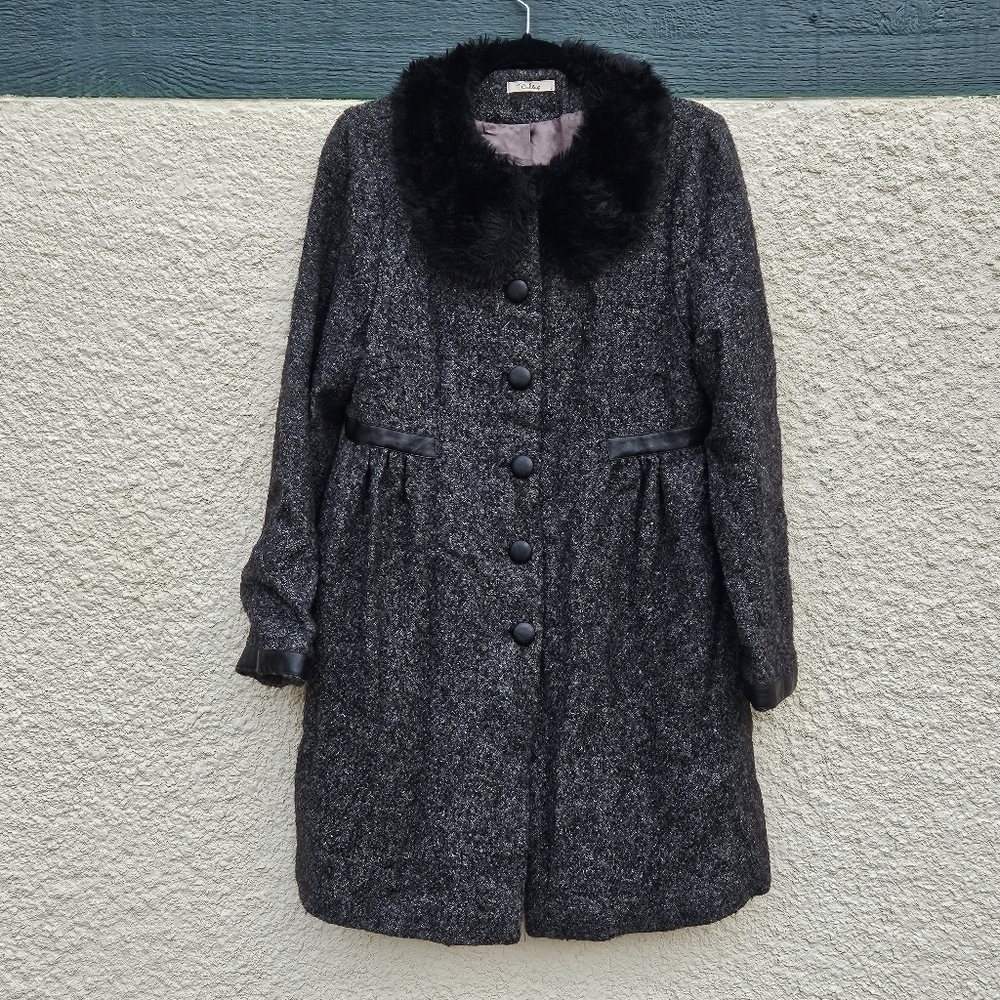 Darling dark gray tweed dress coat with faux fur collar UK L